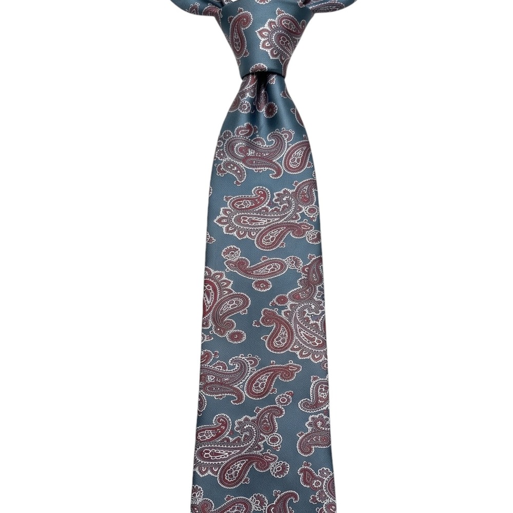 Mario Valentino Mens Paisley Tie Blue Burgundy 100% Italian Silk Made in USA